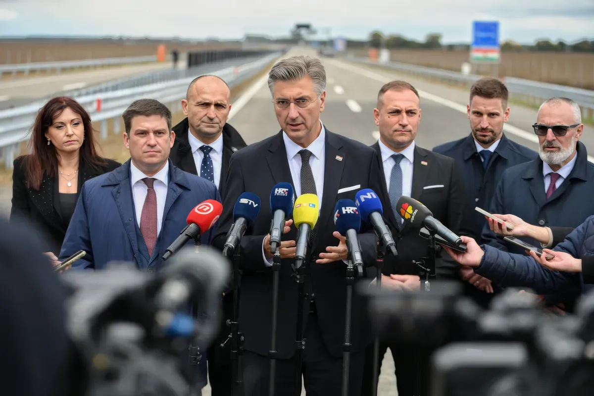 A frissen átadott A5-ös autópálya átadásán résztvevő horvát különítmény a horvát miniszterelnökkel az élén