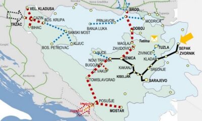 A piros szín a Déli Gázösszeköttetés útvonalát jelzi, a sárga nyíl az orosz gáz Szerbia felőli belépési pontja