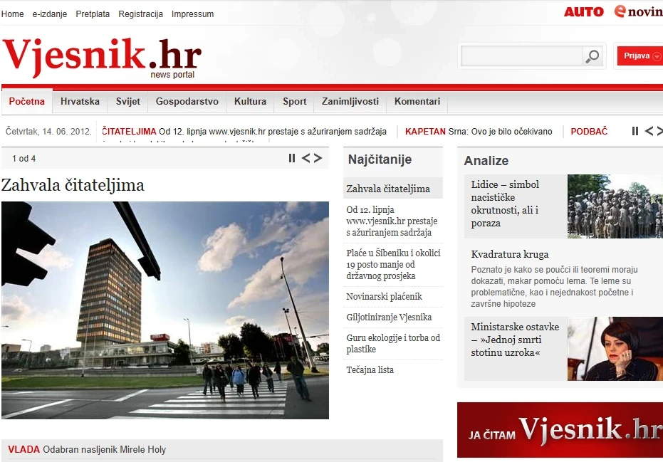 Volt egyszer egy Vjesnik 5 A Vjesnik utolsó elektronikus kiadásának a címlapja (WebArchive)