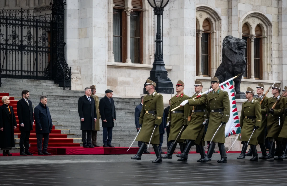 Az oroszlán "kőbevésett nyugalommal" szemlélődött, sok díszszemlét látott már. A Kossuth térről a Sándor-palotába (Forrás: Facebook, Sulyok Tamás)