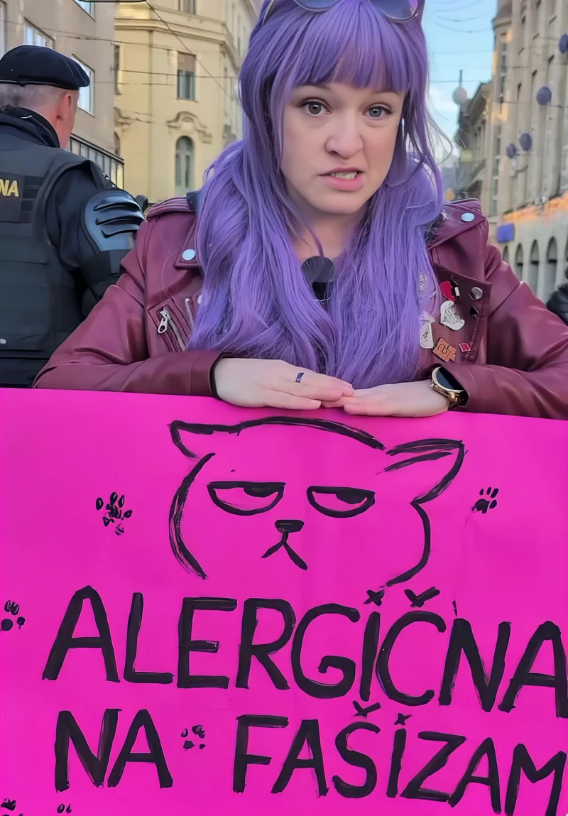 Ez a "lila nő" és rózsaszín macskája allergiás a fasizmusra (Forrás: X platform)