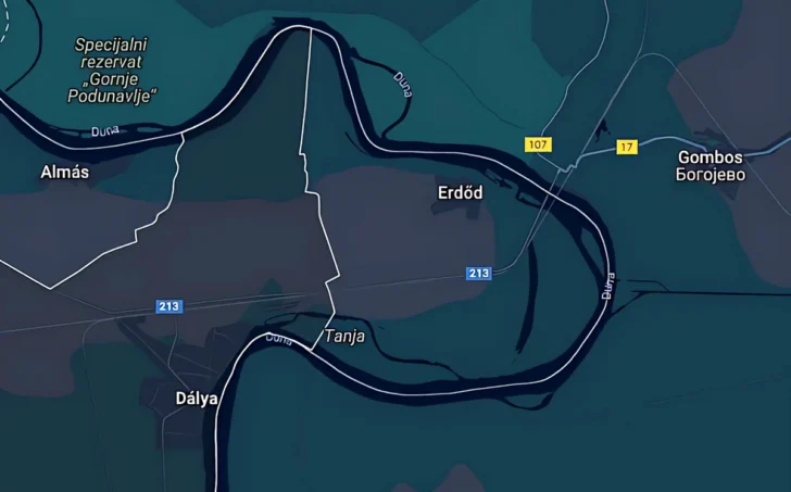 Szerbia közelsősége miatt ma már aligha kerülhet szóba az Erdőd és Dálya közötti terület a horvát atomerőmű megépítéséhez (Screenshot: Google)