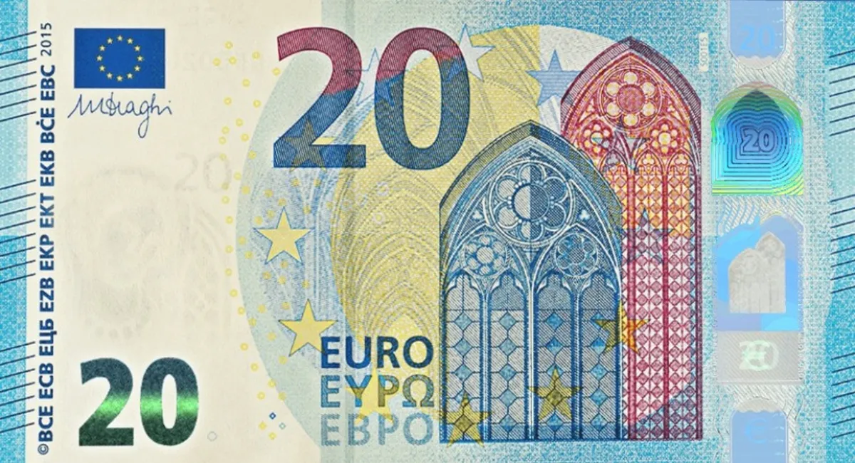 Egy húszeurós bankjegy latin, görög és cirill felirattal (Forrás: X platform, @andresilvatw)