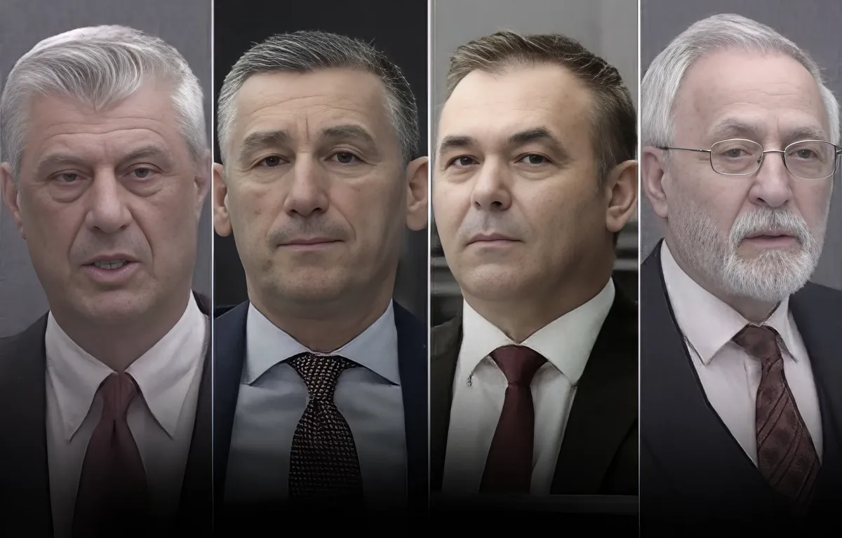 A négy vádlott: Hashim Thaçi, Kadri Veseli Rexhep Selimi és Jakup Krasniqi, fejenként 45 év börtönre ítélhetik őket (Forrás: Koha)