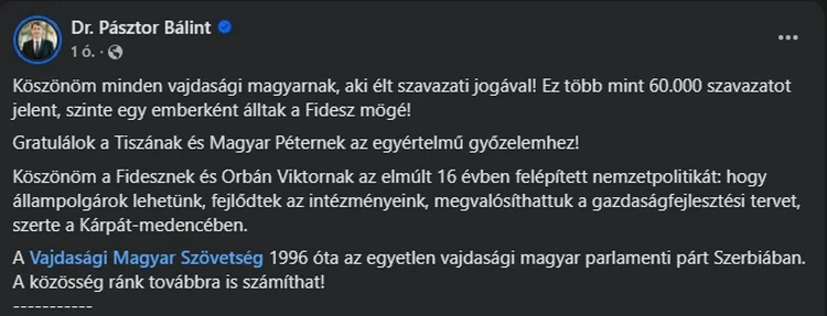 A VMSZ elnökének a bejegyzése a Facebookon