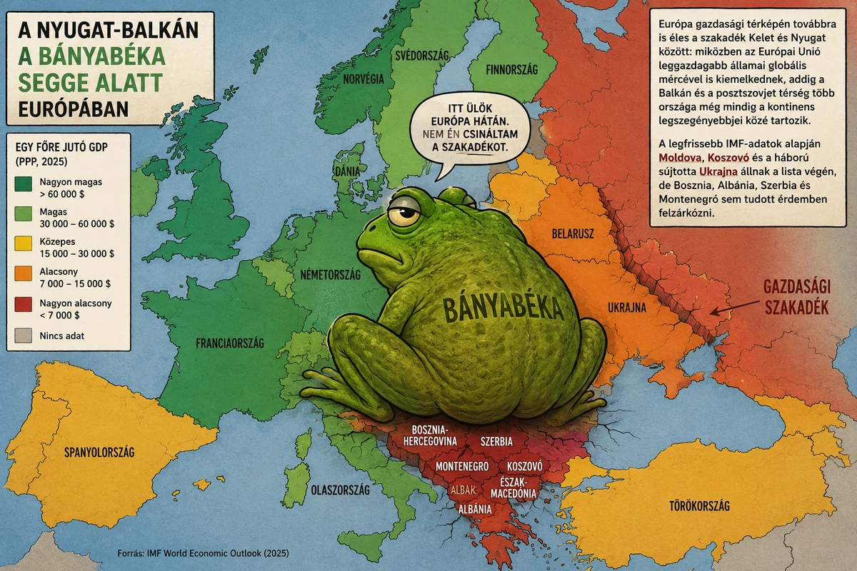 A bányabéka letelepedett a nyugat-balkáni országokra, a térkép nem teljesen pontos (ez még mindig gyakori AI-hiba), viszont nagyon is kifejező