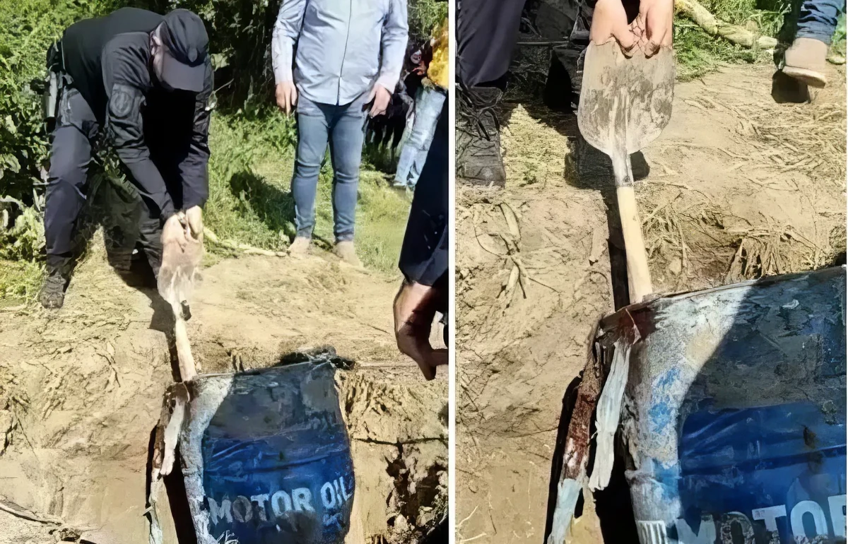 Egy holttestet rejtő hordót találtak az Inđija közelében lévő Jarkovačko tó partján. a szerb rendőrnek még a lapát is fordítva áll a kezében