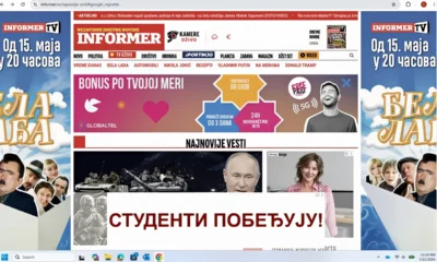 Az egyetemisták győznek" felirat jelent meg a szerbiai rezsimhű portálokon a a hirdetési sávokban feltehetően Google-hirdetésként (Forrás: X platform)