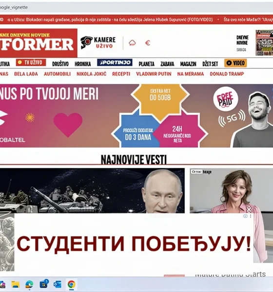 Az egyetemisták győznek" felirat jelent meg a szerbiai rezsimhű portálokon a a hirdetési sávokban feltehetően Google-hirdetésként (Forrás: X platform)