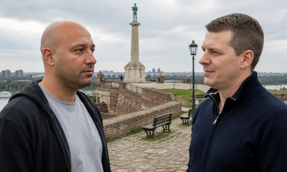 Zvonko Veselinović kétes hírű szerb üzletember és Andrej Vučić öccse. Az őket ábrázoló fotók közvetve a szerb rendőrségtől származnak, a környezet is valós, csak maga a kép montázs