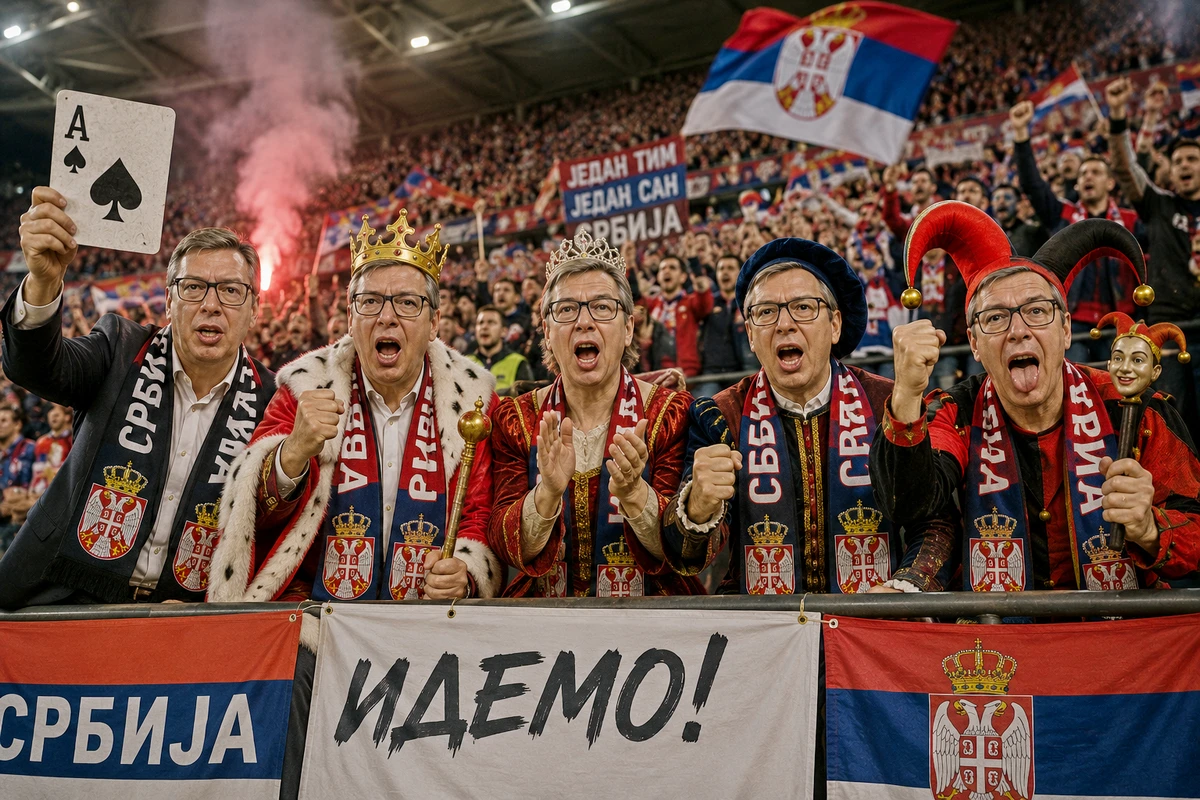 Egy csapat, egy álom: Szerbia - olvasható a háttérben látható transzparensen (Forrás: AI)