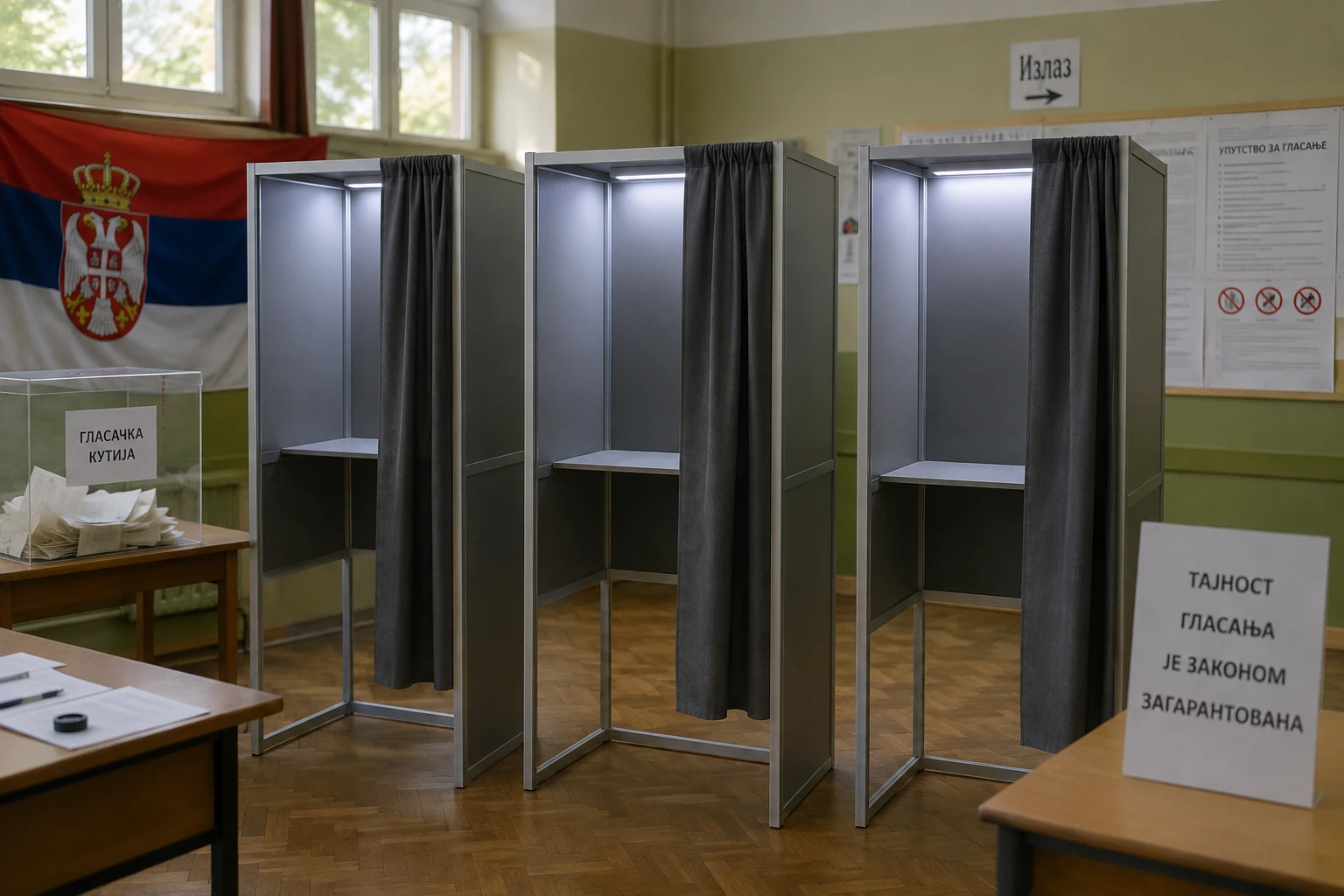 A szavazás titkosságát a törvény biztosítja - meg a paravánok. A kép egy fiktív szavazóhelyiséget ábrázol három paravánnal súlyosbítva a szerbiai választási bizottság határozattervezete alapján